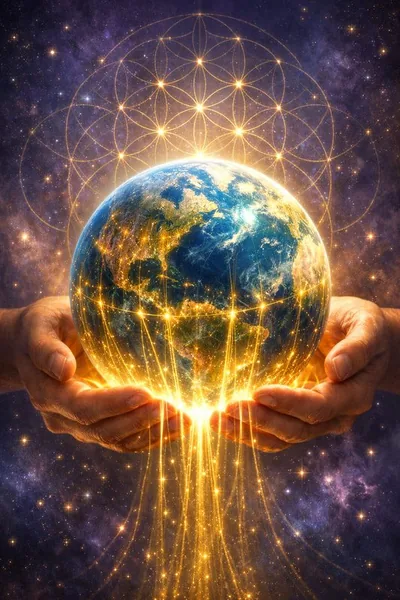 Earth held in open palms with golden light anchoring into the planet