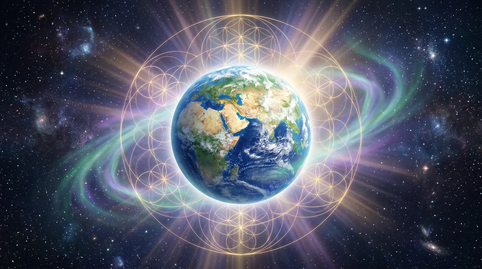 Earth surrounded by sacred geometry and golden light