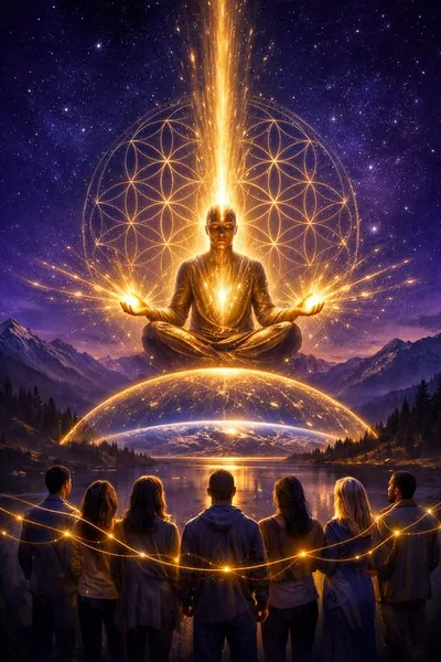 Golden Light Visualization — meditator radiating golden light with collective field