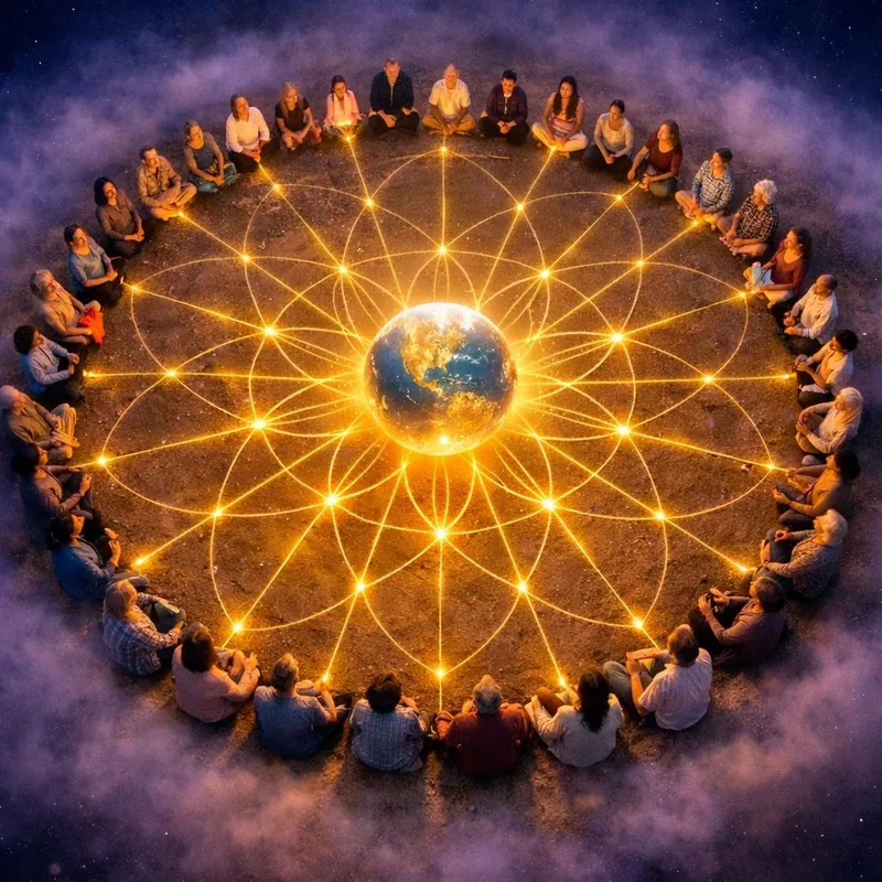 Meditators sitting in a sacred circle around the Earth, connected by golden light