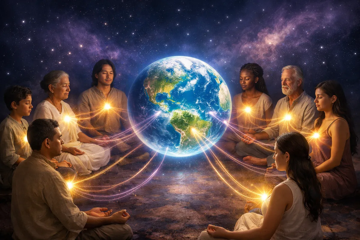 Diverse humans meditating in a sacred circle around the Earth, hearts connected by golden light, the Light Mirror field