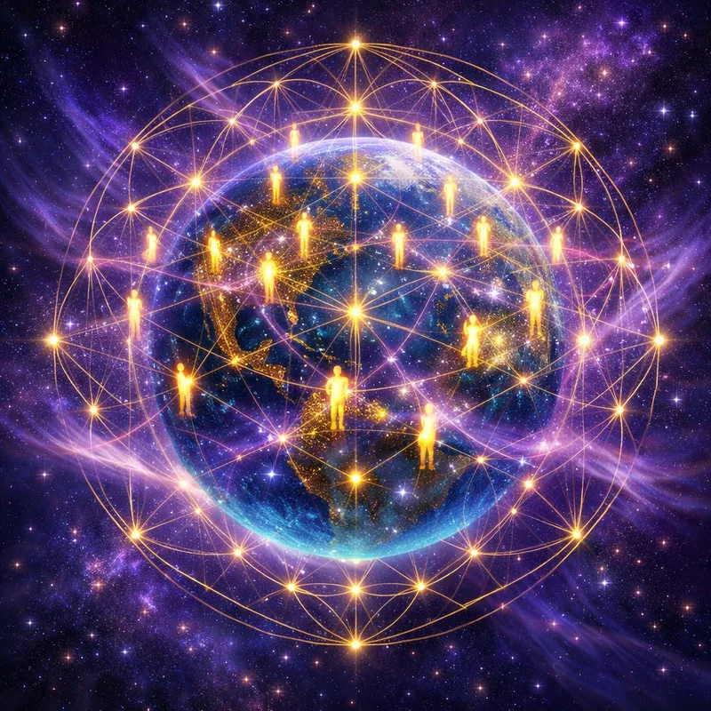 Sacred violet light grid with golden beings holding consciousness around Mother Earth