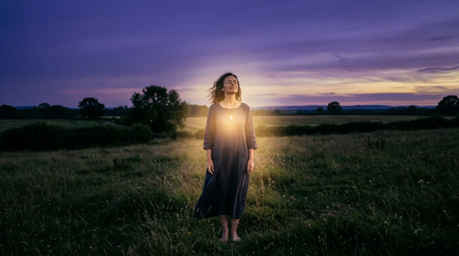 A woman standing in a field at twilight, golden light radiating from within