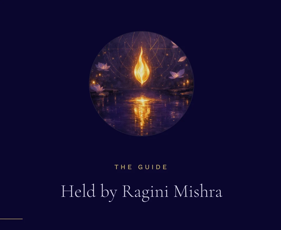 Sacred flame with lotus flowers, sacred geometry, and water reflection — The Guide, Held by Ragini Mishra